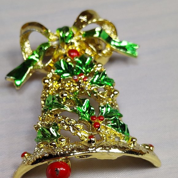 Christmas Holiday Rhinestone Gold Dangler Bell Brooch Sparkler Pin Red Green - Picture 1 of 7
